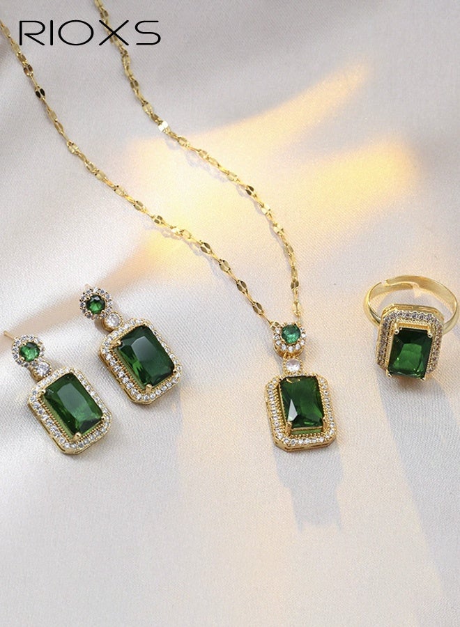 RIOXS 3-Piece Women's Emerald Jewelry Set, Zircon Square Pendant Earrings, Hypoallergenic Diamond-Studded Stainless Steel Necklace, Exquisite Minimalist Large Gemstone Ring, Oxidation-Resistant Layered Jewelry Set for Casual and Formal Occasions - Image 1